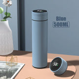 Bouteille thermos bleue de 500 ml avec affichage numérique de la température, sur fond neutre