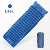 Matelas de camping ultraléger gonflable avec oreiller intégré, couleur bleue