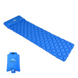 Matelas de camping gonflable bleu avec coussin intégré et pompe de gonflage, parfait pour les randonnées et le camping