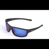 Lunettes de soleil polarisées noires avec lentilles bleues réfléchissantes, idéales pour le sport