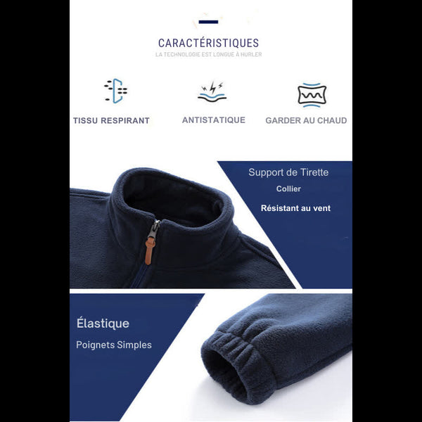 Caractéristiques de la veste polaire tissu respirant, antistatique, garde au chaud, élastique aux poignets