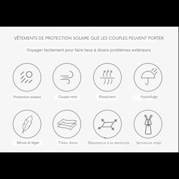 Caractéristiques de la veste de protection solaire pour couples, protection UV, coupe-vent et respirant