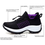 Chaussures de marche noires et violettes pour femmes avec caractéristiques de confort détaillées