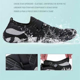 Chaussure aquatique montrant sa résistance à l'eau avec des détails sur la semelle et les coutures