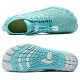 Chaussures pieds nus turquoise avec semelle texturée, vue de dessus et dessous