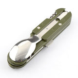 Couteau pliant en acier inoxydable compacté, vert militaire, avec cuillère intégrée