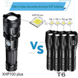 Comparaison entre la lampe de poche XHP100 et les modèles T6 montrant les performances lumineuses supérieures de la XHP100