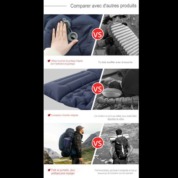 Comparaison entre le matelas gonflable avec oreiller intégré et d'autres produits, montrant les avantages