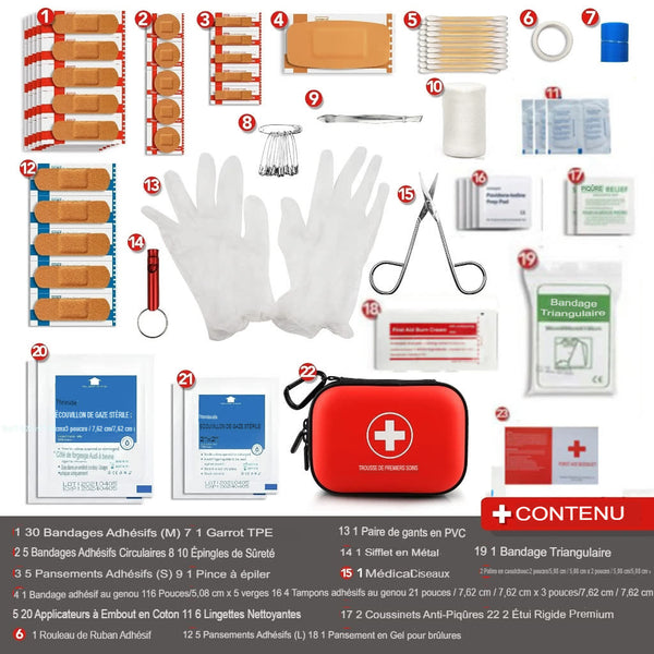 Contenu complet de la trousse de premiers secours avec détails et étiquettes pour chaque élément