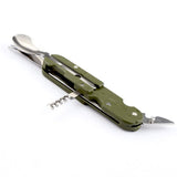 Couteau pliant en acier inoxydable avec cuillère et tire-bouchon, vert militaire