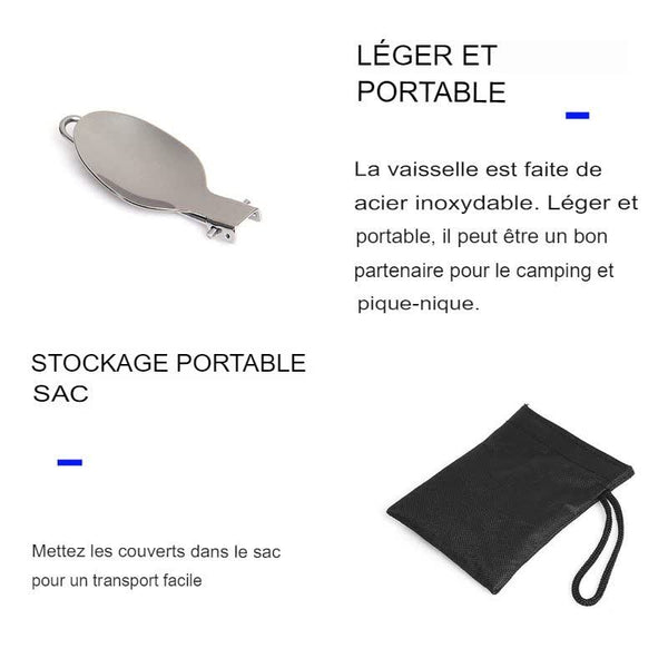 Couverts pliables en acier inoxydable avec sac de transport noir, texte sur la légèreté et la portabilité