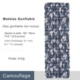 Matelas de camping gonflable camouflage avec dimensions et poids, ultraléger et compact