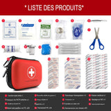 Contenu détaillé de la trousse de premiers soins rouge, incluant bandages, ciseaux et accessoires médicaux