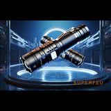 Deux lampes de poche Superfire X60-T croisées sur un fond futuriste