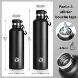 Deux tailles de bouteilles isothermes noires avec bouchons larges et dimensions