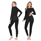 Deux vues d'un ensemble thermique noir pour femmes, face et dos