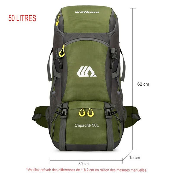 Dimensions du sac à dos de randonnée 50L vert avec bretelles ajustables et poches zippées
