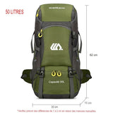 Dimensions du sac à dos de randonnée 50L vert avec bretelles ajustables et poches zippées
