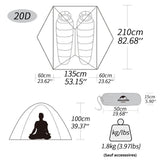 Dimensions de la tente ultralégère pour 2 personnes avec sac de transport et poids total de 1,8 kg