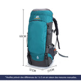 Dimensions du sac à dos de camping 65 L bleu, 68x32x23 cm, grande capacité