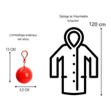 Dimensions du poncho imperméable plié en boule rouge, 120 cm de long déplié
