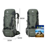 Dimensions du sac à dos de randonnée vert 75L, 80cm de hauteur, 32cm de largeur
