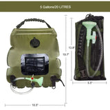 Dimensions du sac de douche solaire 20L pour camping avec accessoires