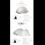 Dimensions détaillées de la tente de camping pour 2 personnes avec illustrations de l'espace intérieur