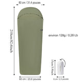 Doublure de sac de couchage ultralégère vert, dimensions et poids affichés, parfait pour la randonnée et le camping
