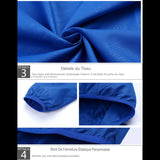 Détails du tissu et des manches de la veste bleue, technologie anti-déversement et couture élastique