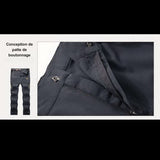 Détail de la patte de boutonnage du pantalon cargo noir pour homme, fermeture sécurisée