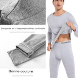 Détail de la couture des sous-vêtements thermiques gris pour hommes, confortable et doux