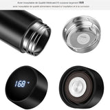 Détail de la bouteille thermos noire montrant l'acier inoxydable de qualité médicale et le filtre, affichage numérique