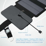 Détail du panneau solaire pliable avec sortie USB, micro et voyant lumineux intégré