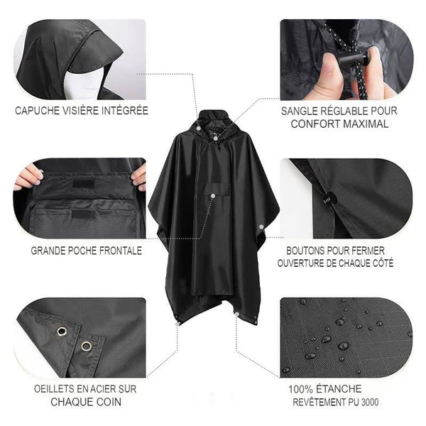 Détails du poncho de pluie avec capuche, grande poche frontale et œillets en acier, 100% étanche