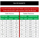 Guide de tailles pour chaussettes, tailles unisexes, indications en pouces et centimètres