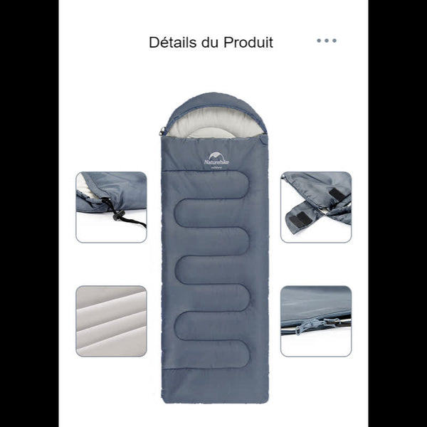 Détails du sac de couchage bleu Naturehike avec tissu imperméable et velcro antiadhésif