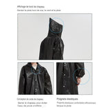 Détails de conception du manteau de pluie noir avec capuche et poignets élastiques