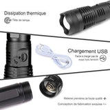 Détails de la lampe de poche XHP100 montrant la dissipation thermique, le port de charge USB et la conception de haute qualité