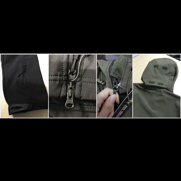 Détails de la veste SoftShell avec fermetures éclair et capuche ajustable