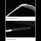 Détails des lunettes de soleil polarisées, raccord de renfort boulonné, branches confortables et élégantes