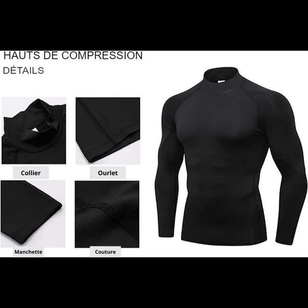 Détails du t-shirt de compression, col roulé, ourlet, manchette, couture