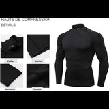 Détails du t-shirt de compression, col roulé, ourlet, manchette, couture