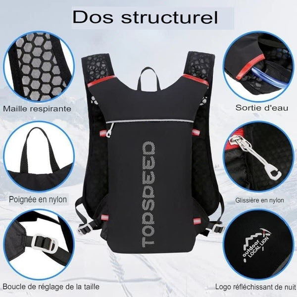 Détails du sac à dos avec maille respirante, boucle de réglage et sortie d'eau, idéal pour le trail