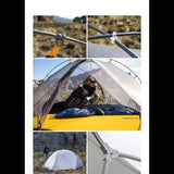 Détails des composants de la tente de camping avec montage, intérieur et extérieur