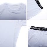 Détails du t-shirt de compression blanc, couture et élastique de qualité, logo Pro Combat visible