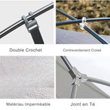Détails des composants de la tente de camping double crochet, contreventement croisé, matériau imperméable, joint en T