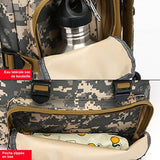 Détails des poches latérales du sac à dos militaire avec une bouteille et un tissu