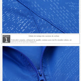 Détails des coutures de surface et de la fermeture éclair de la veste bleue, couture de qualité