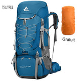 Sac à dos de camping bleu 75L avec housse de pluie orange gratuite, vue de face